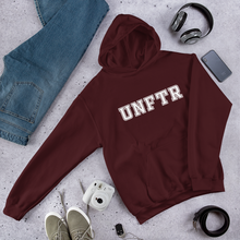 Load image into Gallery viewer, Maroon hoodie with white block letters that say UNFTR.