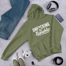 Load image into Gallery viewer, Military green hoodie with white logo that say Unf*cking The Republic.