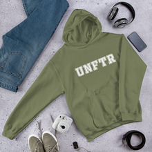 Load image into Gallery viewer, Military green hoodie with white block letters that say UNFTR.