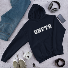 Load image into Gallery viewer, Navy hoodie with white block letters that say UNFTR.