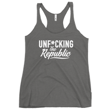 Load image into Gallery viewer, Fitted Tank top in grey with white Unf*cking The Republic logo on the chest