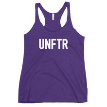 Load image into Gallery viewer, Fitted Tank top in purple with white 'UNFTR' logo on the chest