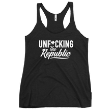 Load image into Gallery viewer, Fitted Tank top in black with white Unf*cking The Republic logo on the chest