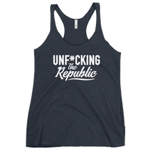 Load image into Gallery viewer, Fitted Tank top in navy with white Unf*cking The Republic logo on the chest