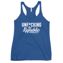 Load image into Gallery viewer, Fitted Tank top in blue with white Unf*cking The Republic logo on the chest