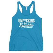 Load image into Gallery viewer, Fitted Tank top in turquoise with white Unf*cking The Republic logo on the chest