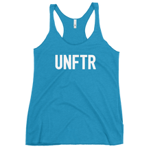 Load image into Gallery viewer, Fitted Tank top in turquoise with white 'UNFTR' logo on the chest