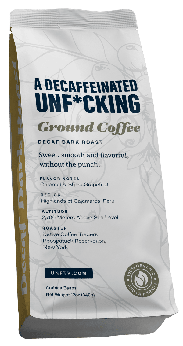 Coffee bag for the Decaffeinated Unf*cking blend. A ghosted out illustration of a coffee plant appears in the background and the side of the bag is yellow with the words Decaf Dark Roast