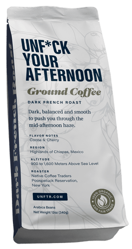 Coffee bag for the Unf*ck Your Afternoon blend. A ghosted out illustration of a coffee plant appears in the background and the side of the bag is blue with the words Dark French Roast.