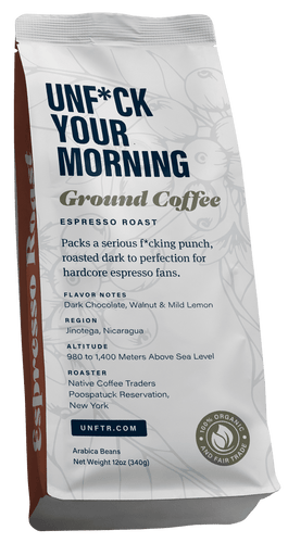 Coffee bag for the Unf*ck Your Morning blend. A ghosted out illustration of a coffee plant appears in the background and the side of the bag is red with the words Espresso Roast