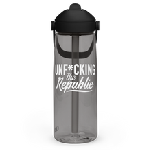 Load image into Gallery viewer, Clear black Camelback water bottle with straw. Black cap and white Unf*cking The Republic logo
