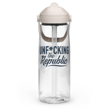 Load image into Gallery viewer, Clear Camelback water bottle with straw. White cap and blue Unf*cking The Republic logo
