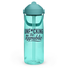 Load image into Gallery viewer, Teal blue Camelback water bottle with straw. Teal blue cap and blue Unf*cking The Republic logo
