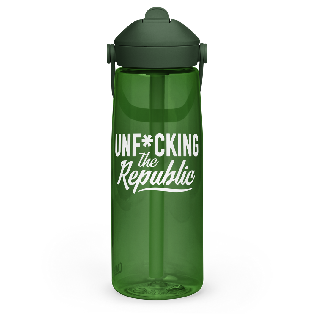 Clear green Camelback water bottle with straw. Darker green cap and white Unf*cking The Republic logo