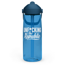 Load image into Gallery viewer, Clear blue Camelback water bottle with straw. Darker blue cap and white Unf*cking The Republic logo
