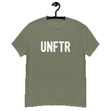 Load image into Gallery viewer, Army green classic tee shirt that says UNFTR in white on the front and F*ck Milton Friedman in white on the back
