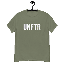 Load image into Gallery viewer, Army green classic tee shirt that says UNFTR in white on the front and Meeting People Where They Are in white on the back
