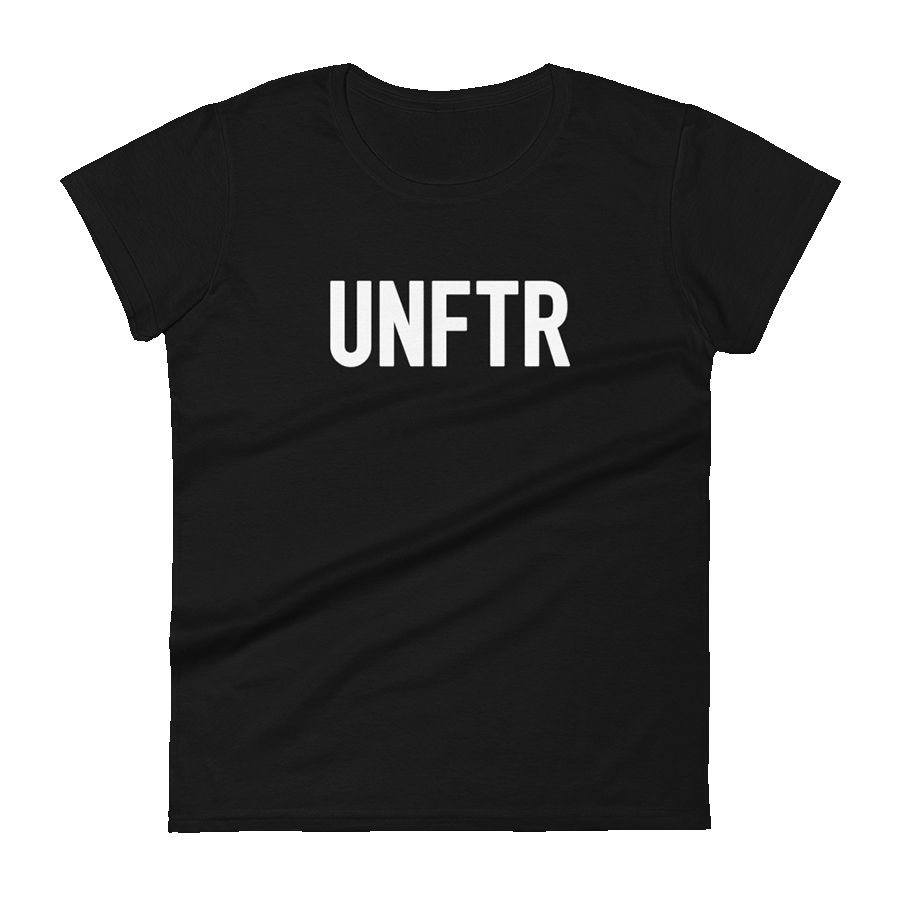 Black fitted tee shirt that says UNFTR in white on the front and F*ck Milton Friedman in white on the back