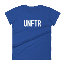 Load image into Gallery viewer, Blue fitted tee shirt that says UNFTR in white on the front and Meeting People Where They Are in white on the back
