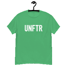 Load image into Gallery viewer, Bright green classic tee shirt that says UNFTR in white on the front and Meeting People Where They Are in white on the back
