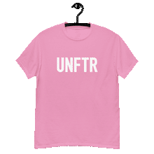 Load image into Gallery viewer, Pink classic tee shirt that says UNFTR in white on the front and Meeting People Where They Are in white on the back
