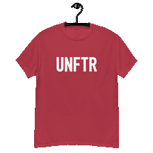 Load image into Gallery viewer, Cardinal colored classic tee shirt that says UNFTR in white on the front and F*ck Milton Friedman in white on the back
