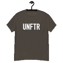 Load image into Gallery viewer, Chocolate colored classic tee shirt that says UNFTR in white on the front and F*ck Milton Friedman in white on the back
