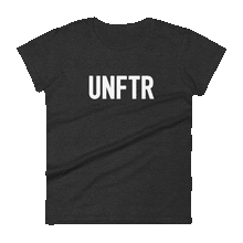 Load image into Gallery viewer, Dark Heather Gray fitted tee shirt that says UNFTR in white on the front and Meeting People Where They Are in white on the back
