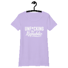 Load image into Gallery viewer, Lilac fitted tee shirt that says Unf*cking The Republic in white on the front and Meeting People Where They Are in white on the back
