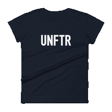 Load image into Gallery viewer, Navy fitted tee shirt that says UNFTR in white on the front and F*ck Milton Friedman in white on the back

