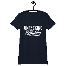 Load image into Gallery viewer, Navy fitted tee shirt that says Unf*cking The Republic in white on the front and Meeting People Where They Are in white on the back
