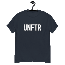 Load image into Gallery viewer, Navy classic tee shirt that says UNFTR in white on the front and F*ck Milton Friedman in white on the back
