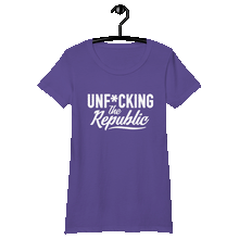Load image into Gallery viewer, Purple fitted tee shirt that says Unf*cking The Republic in white on the front and Meeting People Where They Are in white on the back
