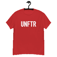 Load image into Gallery viewer, Red classic tee shirt that says UNFTR in white on the front and F*ck Milton Friedman in white on the back

