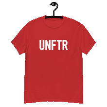 Load image into Gallery viewer, Red classic tee shirt that says UNFTR in white on the front and Meeting People Where They Are in white on the back
