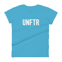 Load image into Gallery viewer, Turquoise fitted tee shirt that says UNFTR in white on the front and F*ck Milton Friedman in white on the back
