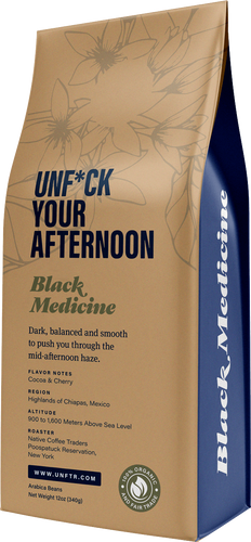 Coffee bag for the Unf*ck Your Afternoon blend. A ghosted out illustration of a coffee plant appears in the background and the side of the bag is blue with the words Black Medicine.