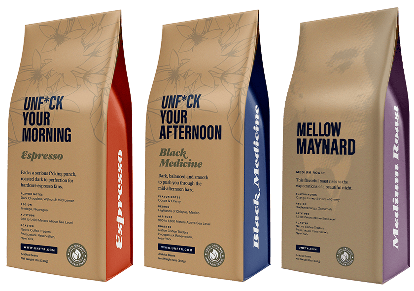 Unfuck Your Morning, Unfuck Your Afternoon and Mellow Maynard coffee bags lined up in a row