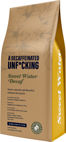 Coffee bag for the Decaffeinated Unf*cking blend. A ghosted out illustration of a coffee plant appears in the background and the side of the bag is yellow with the words Sweet Water.