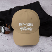 Load image into Gallery viewer, Khaki dad hat with white embroidered Unf*cking The Republic logo
