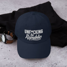 Load image into Gallery viewer, Navy dad hat with white embroidered Unf*cking The Republic logo
