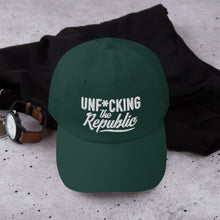 Load image into Gallery viewer, Forest green dad hat with white embroidered Unf*cking The Republic logo
