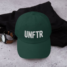 Load image into Gallery viewer, Forest green hat with white embroidered UNFTR logo
