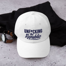 Load image into Gallery viewer, White dad hat with navy embroidered Unf*cking The Republic logo
