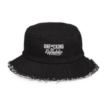 Load image into Gallery viewer, Black denim bucket hat with white embroidered logo that says Unf*cking The Republic
