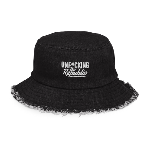 Black denim bucket hat with white embroidered logo that says Unf*cking The Republic
