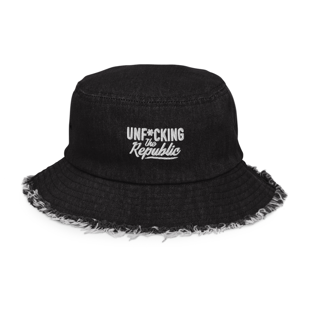 Black denim bucket hat with white embroidered logo that says Unf*cking The Republic
