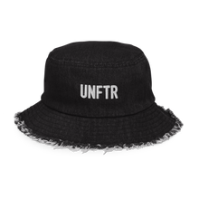 Load image into Gallery viewer, Black denim bucket hat with white embroidered logo that says UNFTR
