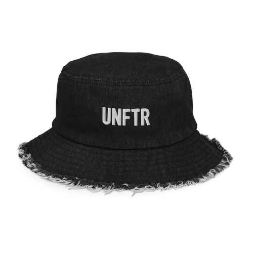 Black denim bucket hat with white embroidered logo that says UNFTR