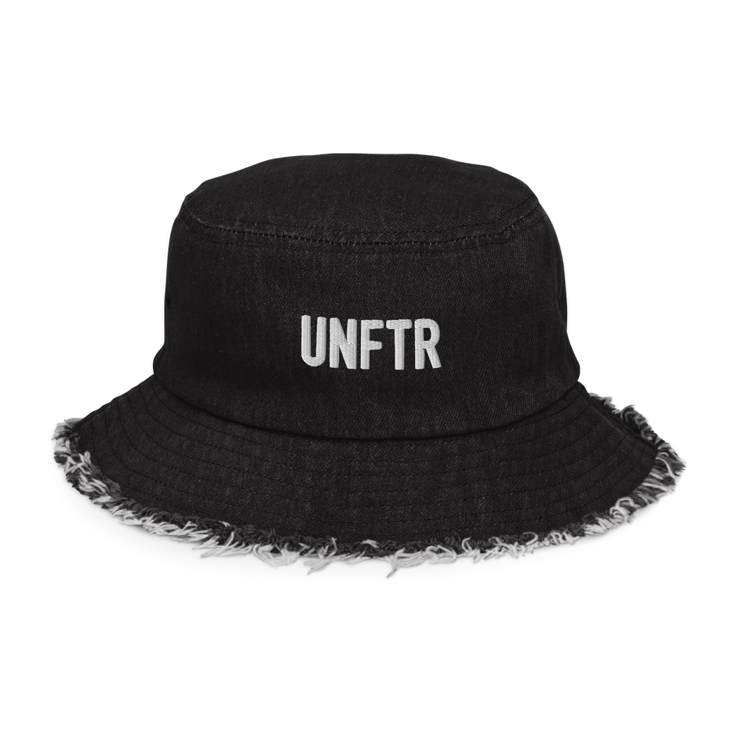 Black denim bucket hat with white embroidered logo that says UNFTR